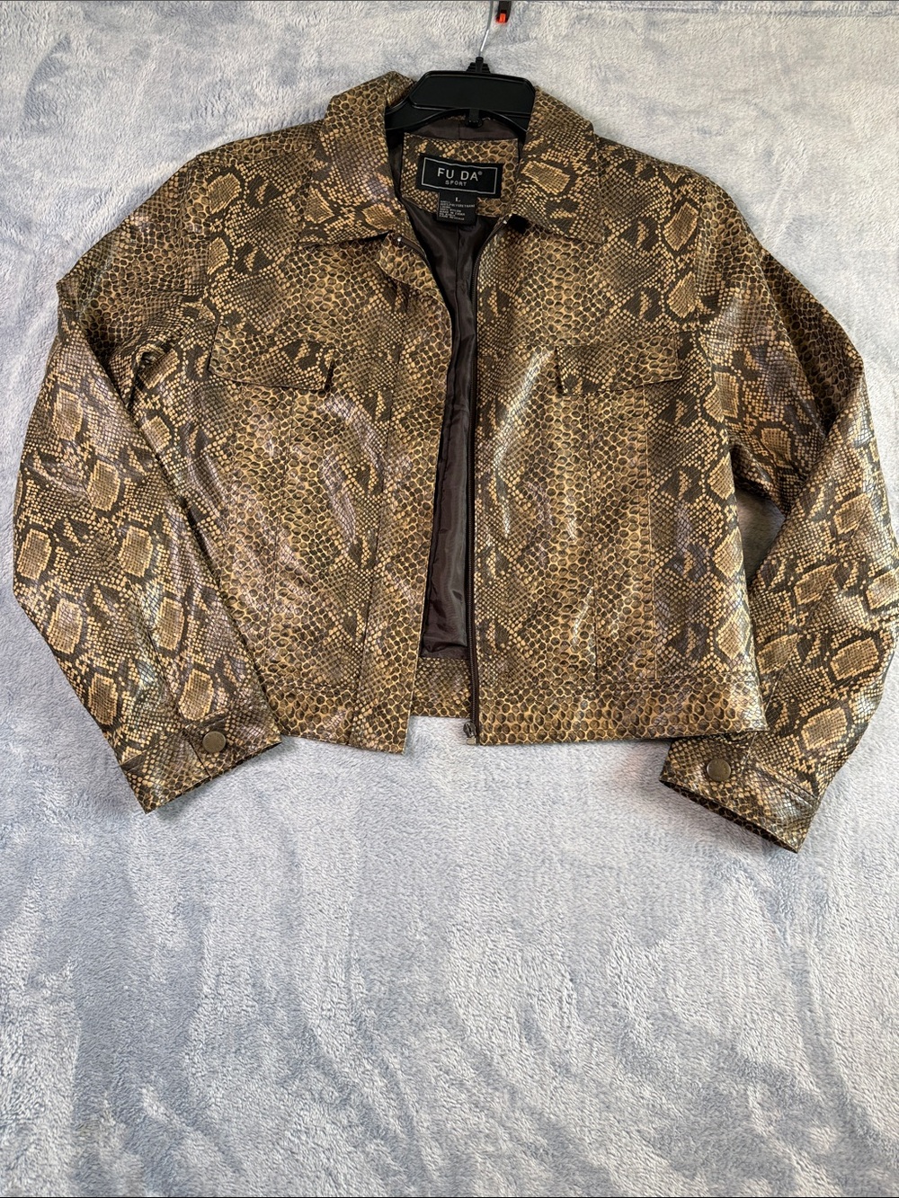 FU DA Y2K Brown Snake-Print Cropped FAUX Leather Jacket